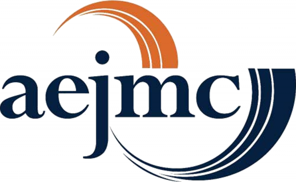 AEJMC logo, orange and navy blue
