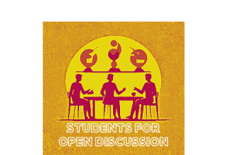 Students for Open Discussion logo of three red silhouettes talking at a table. 