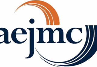 AEJMC logo, orange and navy blue