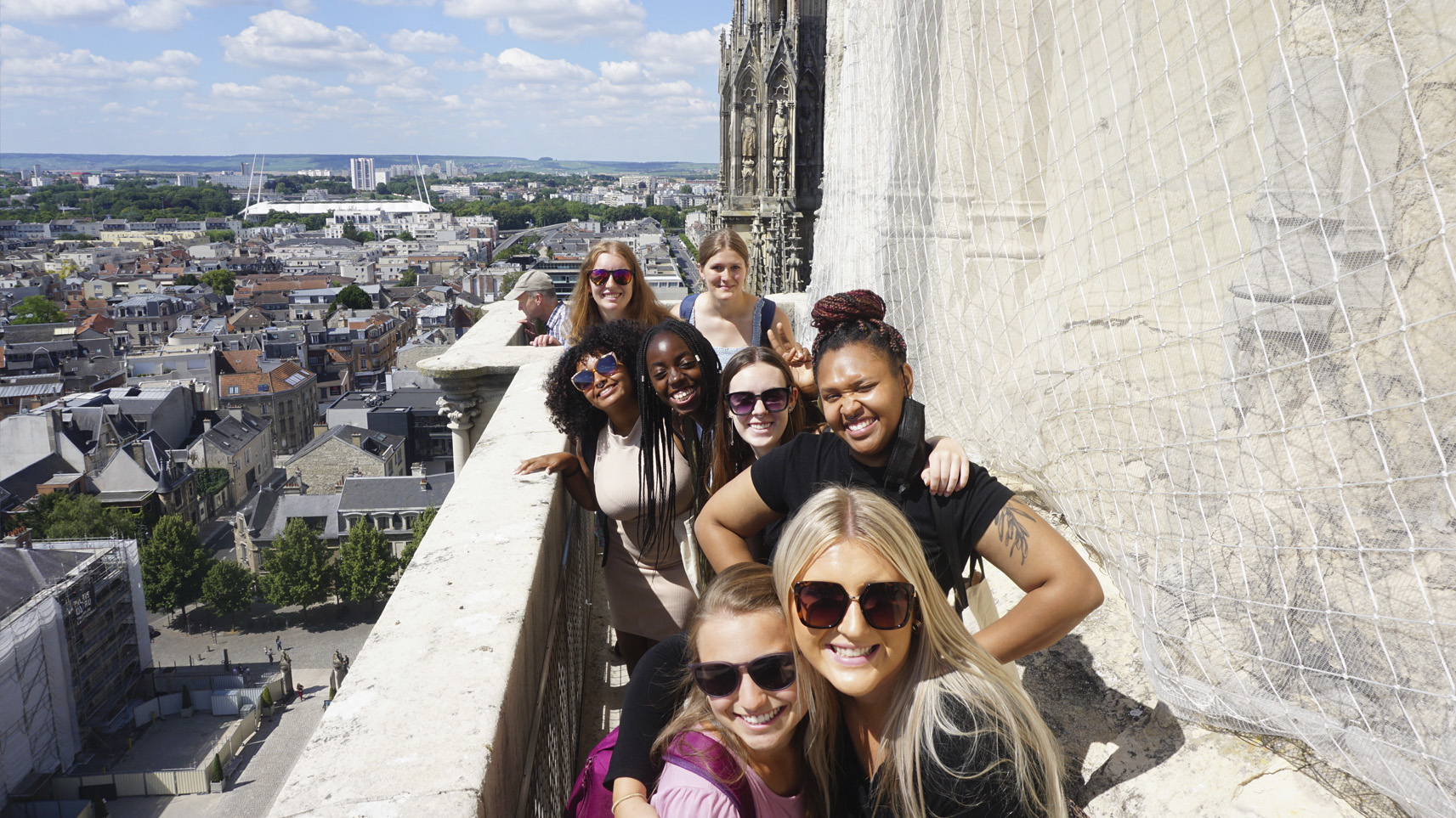 Several students take a seflie while studying abroad